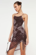 Trendyol Brown Printed összegyűjtött részletesen illeszkedő bélelt tüll mini kötött ruha