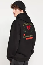 Trendyol Black Oversize/Wide-Fit Hooded Printed and Embroidered Fleece Fleece Sweatshirt