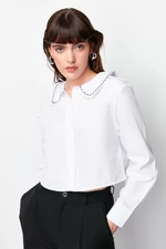 Trendyol Ecru Baby Collar Silver Stripe Detailed Crop Oversize/Wide Fit Woven Shirt