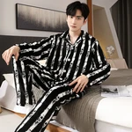 Fall & Winter Thicken Warm Flannel Pajama Sets for Men Coral Velvet Stripe Sleepwear Pyjamas Homewear Clothes 2024 Plus Size