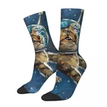Funny Crazy Sock for Men Space Astronaut Cat Painting Hip Hop Vintage Happy Breathable Seamless Printed Boys Crew Sock Gift