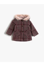 Koton Baby Girl Collar Shearling Coat, Plaid Hooded, Baby Girl Collar Shearling Coat, Plaid Hooded
