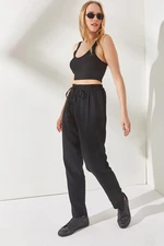 Olalook Women's Black Elastic Waist Belted Muslin Pants