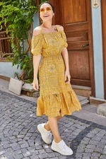 armonika Women's Mustard Checkered Floral Patterned Strapped Elastic Waist Dress armonika Women's Mustard Checkered Floral Patterned Strapped Elastic Waist Dress