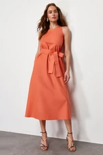 Trendyol Orange Belted 100% Cotton Poplin Pocket Midi Woven Dress