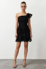 Trendyol Black One Sleeve Skater/Belt Opening Lace Elegant Evening Dress