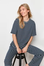 Trendyol Navy Blue-White Cotton Striped Ribbed Knitted Pajamas Set