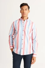 AC&Co / Altınyıldız Classics Men's BLUE TILE Comfort Fit Casual Cut Button-down Collar Striped Cotton Shirt.