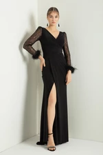 Lafaba Women's Black V-Neck Long Evening Dress with Slits.