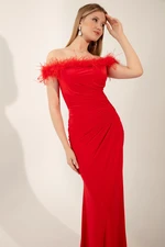 Lafaba Women's Red Otriche Boat Neck Slit Long Evening Dress