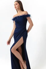 Lafaba Women's Navy Blue Ribbed Boat Neck Slit Long Evening Dress
