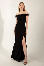 Lafaba Women's Black Otriche Boat Neck Slit Long Evening Dress