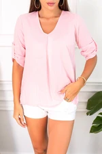 armonika Women's Powder V-Neck Pleat Detailed Blouse with Epaulette Sleeves
