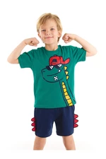 Denokids Dinosaur Boys With Glasses Green T-shirt Navy Blue Shorts Set