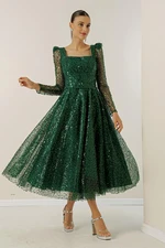 By Saygı Square Neck Long Sleeves Lined Sequins Beaded Dress