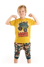 Denokids Monster Truck Car Boy Yellow T-shirt Camouflage Capri Shorts Set. Denokids Monster Truck Car Boy Yellow T-shirt Camouflage Capri Shorts Set.
