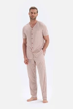 Dagi Ecru Short Sleeve Striped Knitted Pajamas Set