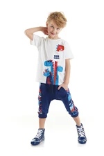 Denokids Dino Dudes Boys Kids White T-shirt, Navy Blue Capri Shorts Set. Denokids Dino Dudes Boys Kids White T-shirt, Navy Blue Capri Shorts Set.
