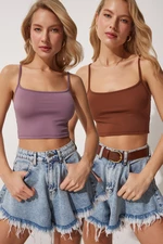 Happiness İstanbul Women's Lilac Brown 2-Pack Straps Knitted Crop Bustier Blouse