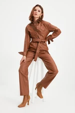 Trendyol Brown Petite Belted Leather Look Jumpsuit