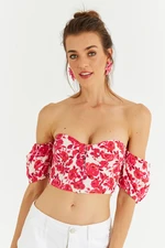 Cool & Sexy Women's Fuchsia Underwire Floral Crop Blouse EX500.