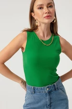 Lafaba Women's Green Knitted Blouse with Chain Necklace
