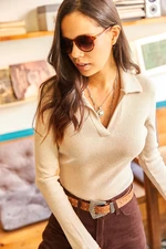 Olalook Women's Stone Polo Neck Raised Camisole Blouse