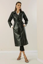 By Saygı Belted Waist Lined Faux Leather Trench Coat with Side Pockets.