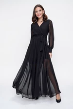 By Saygı Double Breasted Collar Long Sleeves Lined Chiffon Long Dress Black By Saygı Double Breasted Collar Long Sleeves Lined Chiffon Long Dress Black