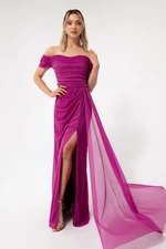 Lafaba Women's Fuchsia Boat Collar Draped Long Glittery Evening Dress with a Slit.