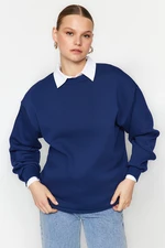 Trendyol Navy Blue Oversize/Comfortable fit Basic Crew Neck Thick/Fleece Knitted Sweatshirt
