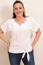 By Saygı Collar Metal Detail Tied Waist Plus Size Ayrobin Blouse Ecru
