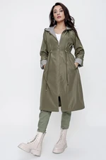 By Saygı Folded Sleeves Stripe, Waist Pleated Lined, Hooded Trench Coat.