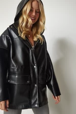 Happiness İstanbul Women's Black Hooded Faux Leather Coat with Pocket