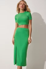 Happiness İstanbul Women's Vibrant Green Crop Slit Pencil Skirt Set