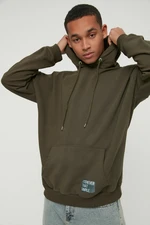 Trendyol Khaki Men's Basic Hooded Oversized Sweatshirt with Labels and a Soft Pile Cotton Sweatshirt