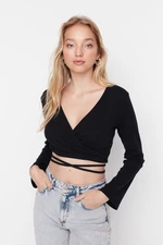 Trendyol Black Ribbed Fitted Long Sleeve Double Breasted Crop Cotton Stretch Knitted Blouse