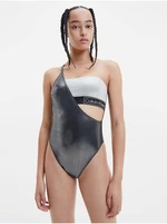 Calvin Klein Bílo-černé dámské metalické jednodílné plavky s průstřihem Calvin Kl - Dámské