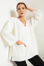 Lafaba Women's White V-Neck Pocket Knitwear Sweater