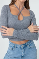 Lafaba Women's Gray Long Sleeve Knitted Crop
