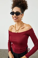 XHAN Women's Claret Red Boat Neck Camisole Blouse with Smocking Detail