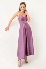 Lafaba Women's Lavender Satin Midi Evening Dress &; Prom Dress with Thread Straps and Waist Belt