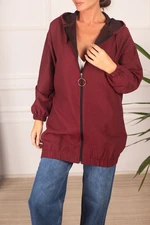 armonika Women's Claret Red Zippered Hoodie Trench