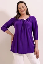 By Saygı Bead Detailed Collar Pleated Plus Size Lycra Blouse Purple With Elasticated Sleeves.