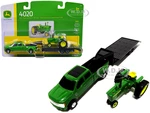Ford F-350 Dually Pickup Truck Green with John Deere 4020 Tractor Green and Lowboy Trailer Set of 3 pieces 1/64 Diecast Models by ERTL TOMY