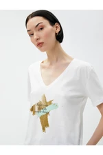 Koton Shiny Printed T-Shirt V-Neck Cotton