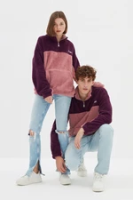 Trendyol Purple Unisex Oversize Standing Collar Zippered Color Block Color-blocked Minimal Embroidery Warm Plush Sweatshirt.