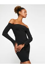 Koton Mini Dress With Feather Details On The Sleeves Off The Shoulder.