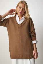 Happiness İstanbul Women's Brown V-Neck Loose Knitwear Sweater
