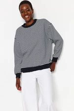 Trendyol Dark Navy Striped Stripe Regular Fit With Fleece Inside, Crew Neck Knitted Sweatshirt